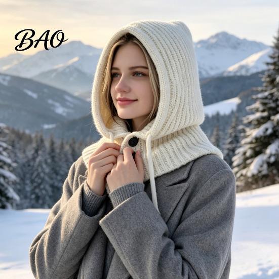 Cozy Knit Hat Women Hooded Scarf for Winter, Pullover Balaclava Hood Thermal Ear Protection Cap with Adjustable Drawstring, Warm Neck Gaiter