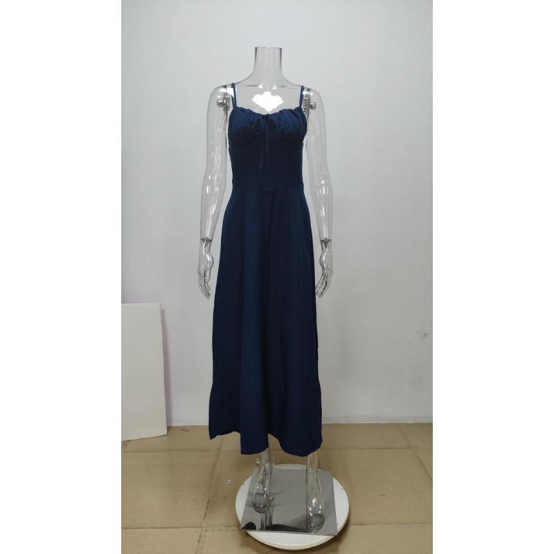 Women Casual Solid Color Lace Up A Line Strappy Long Dress