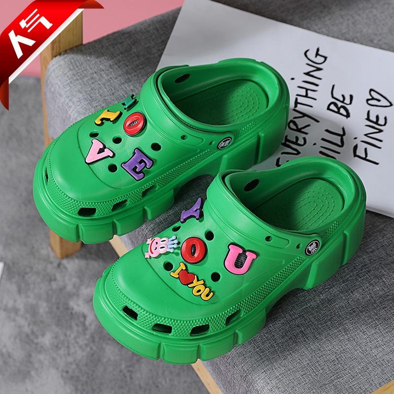 2025 new heightening hole shoes women's sandals wear platform fashion bag head slippers summer high heel sandals tide