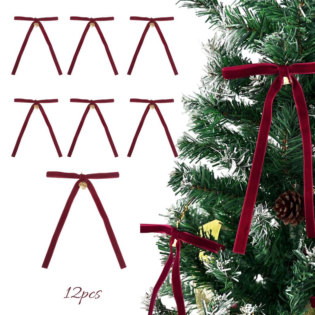 Velvet Bow With Bell Christmas Party Decoration,christmas Decorations, Velvet Ties For Christmas Tree –12pcs