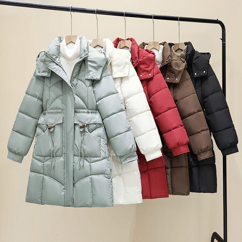 Damen Winter Schlank geschnittener Mittellanger Daunenmantel Dicke Warme Baumwoll-Pufferjacke mit Taillenraffung