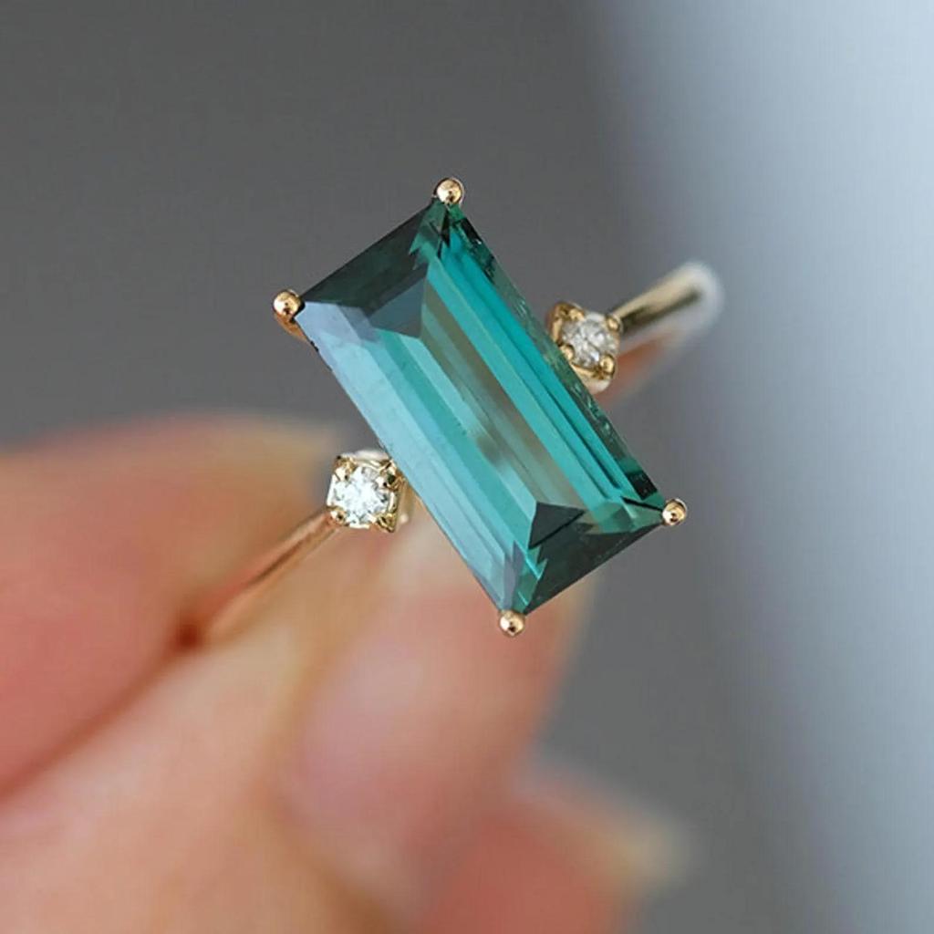 Green Sapphire Baguette Ring, Diamond Silver Cocktail Wedding Ring Long Sapphire Engagement Anniversary Ring Jewelry Gift For Her