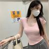 Summer Square Neck Short Slim T-shirt with Irregular Base and Hot Girls with Women's Slit Short-sleeved Tops Make Them Look Slim