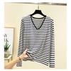 Plus Size Modal Chest Pad T-shirt Spring and Autumn Versatile Stripe Bottoming Shirt V-neck Thin Bra-Free Home Wear Top