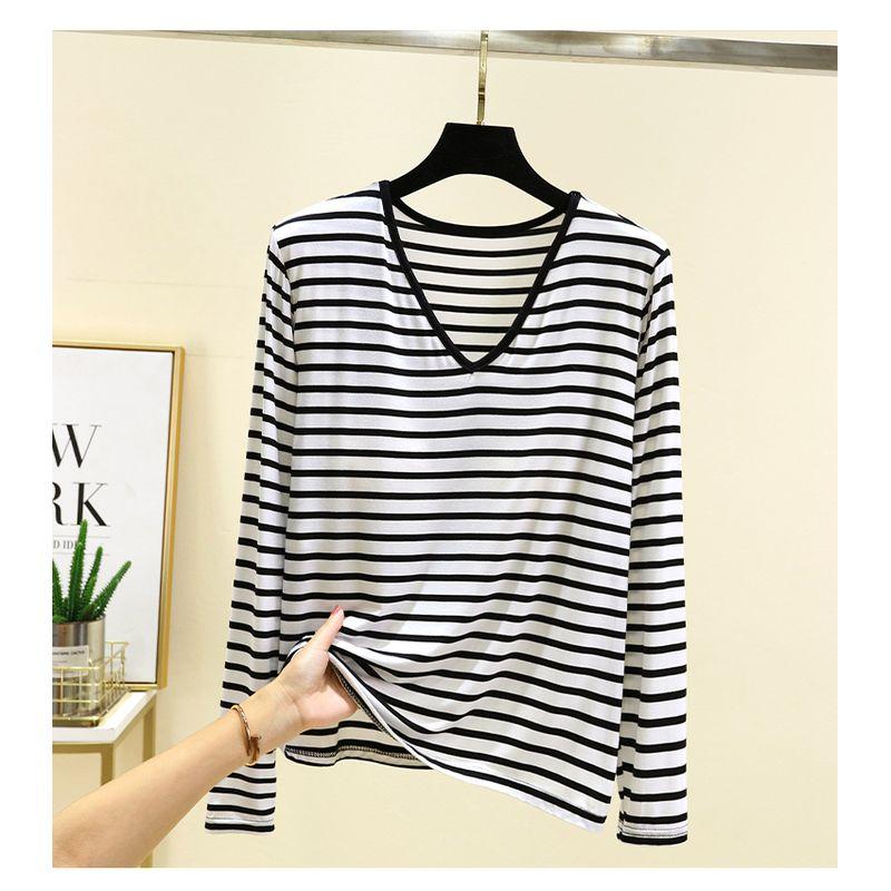 Plus size Modal Chest Pad T-shirt Spring and Autumn Versatile Stripe Bottoming Shirt V-neck Thin Bra-Free Home Wear Top