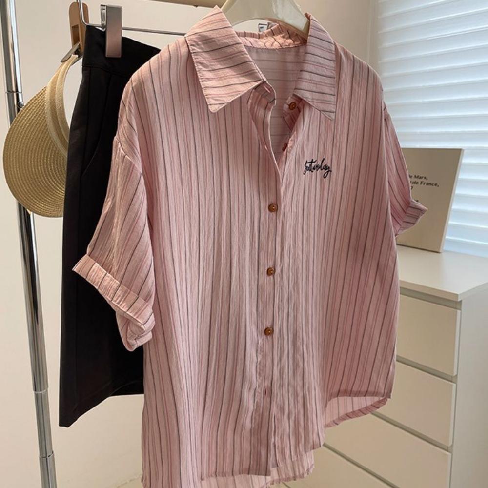 

Catties Большой размер Корейский дизайн Полосатая футболка с коротким рукавом Женская Летняя Приталенная Кардиган Футболка Топ L розовый