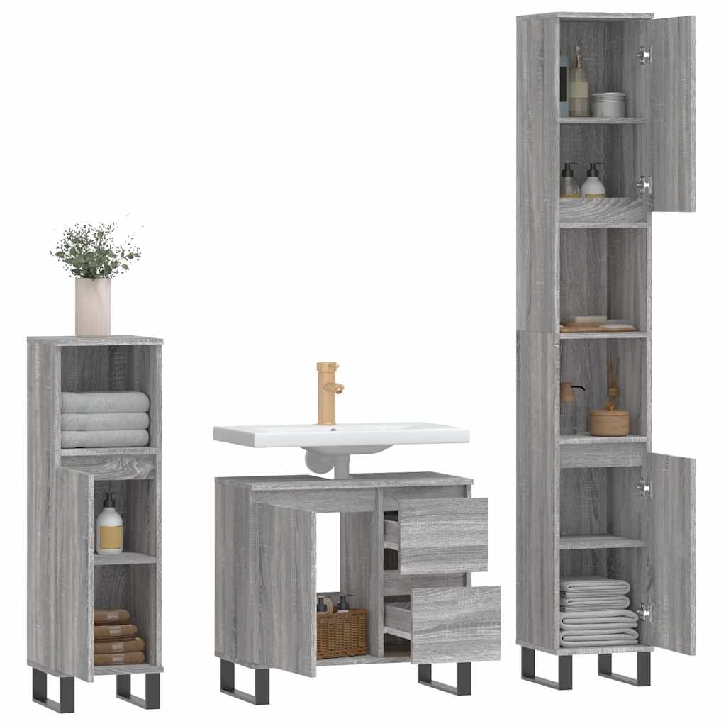 3 Piece Bathroom Furniture Set Grey Sonoma Wood Based Panel