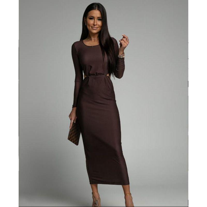 

New Striped Printed Slim-Fit Midriff Outfit Long-Sleeve Dress Coffee XL