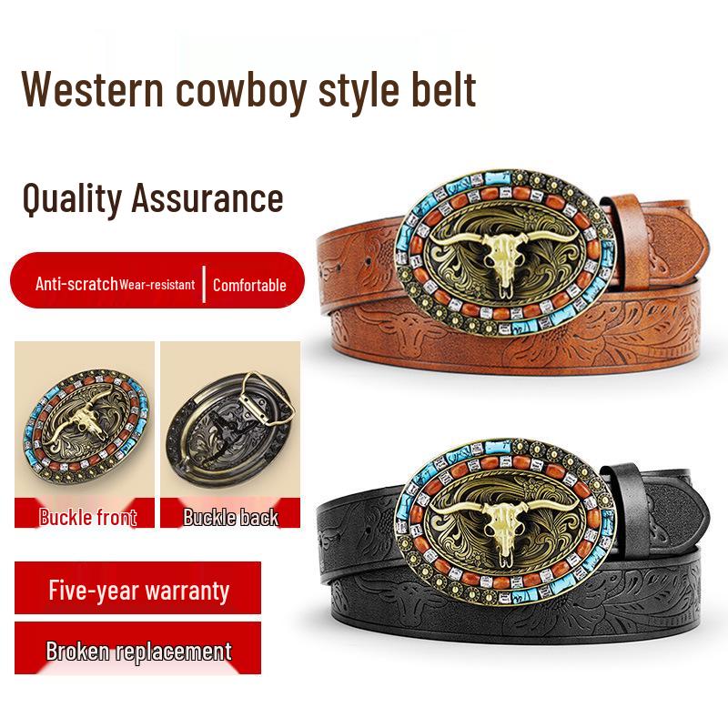 Men's Bull Head Western Leather Belt with Large Buckle