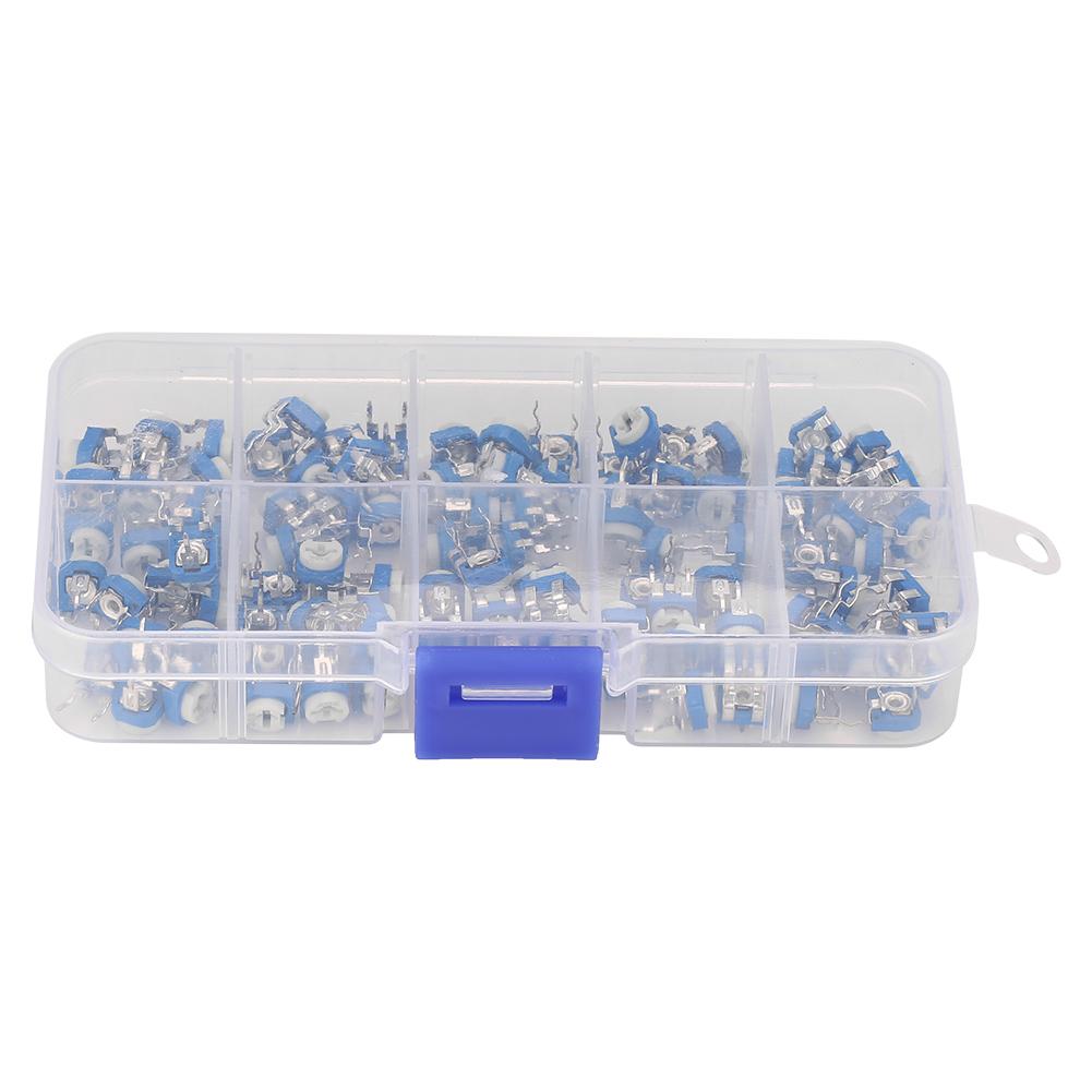 100Pcs 10 Values Blue White Variable Resistor Trimmer Pot Electronic Component with Box RM065