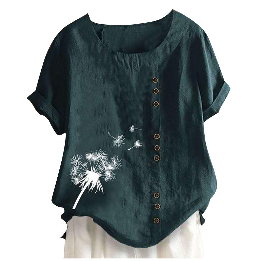 Kvinner Knapper Kortermet Blomstertrykk Knapper Bomull Lin Vintage Topp