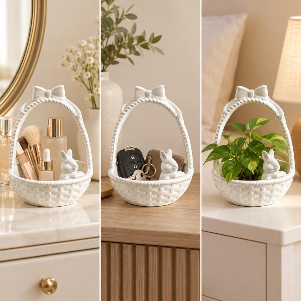 Rabbit Ceramic Storage Basket Compact for Shelf