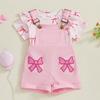 Newborn Baby Girl Clothes Summer Outfit Bow Pattern Ruffled Short Sleeve Romper and Overall Shorts 2 Pcs Set
