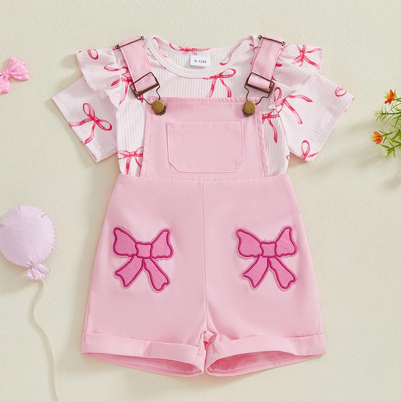 Newborn Baby Girl Clothes Summer Outfit Bow Pattern Ruffled Short Sleeve Romper and Overall Shorts 2 Pcs Set
