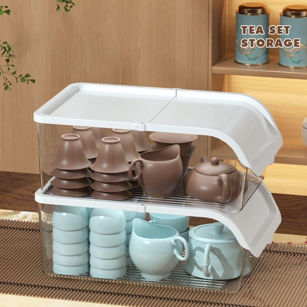 Boîte de rangement pratique en plastique pour service à thé Design à clapet Boîte de rangement étanche pour tasses Empilable avec couvercle Organisateur de bureau pour la maison