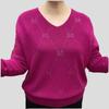 Frühling Herbst Damen V-Ausschnitt Pullover Lockere Passform Strasssteine Lochstrick Überzieh-Pullover