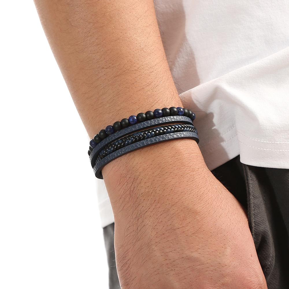 Mehrreihiges Herrenarmband aus vulkanischem Stein oder Tigerauge-Stein plus PU-Leder, dreilagig, Business, Freizeit, Geschenk für Männer