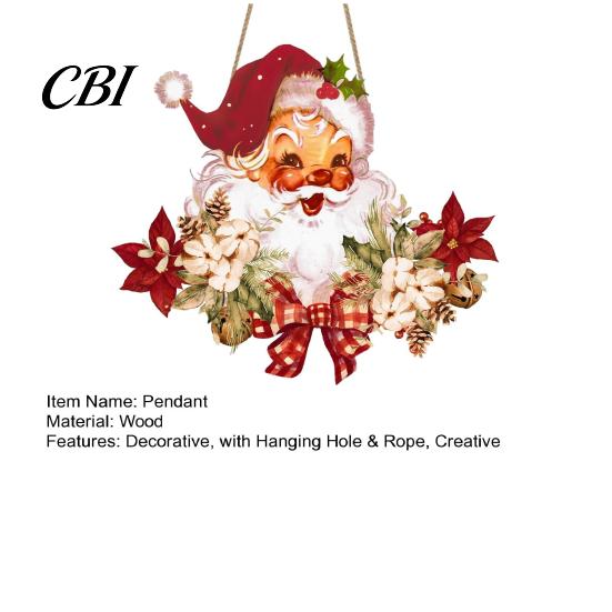 Santa Claus Door Sign Wooden Hanging Pendant for Christmas, Rustic Floral Wall Sign, Christmas Reusable Wood Ornament Tree with Hemp Rope Home Office