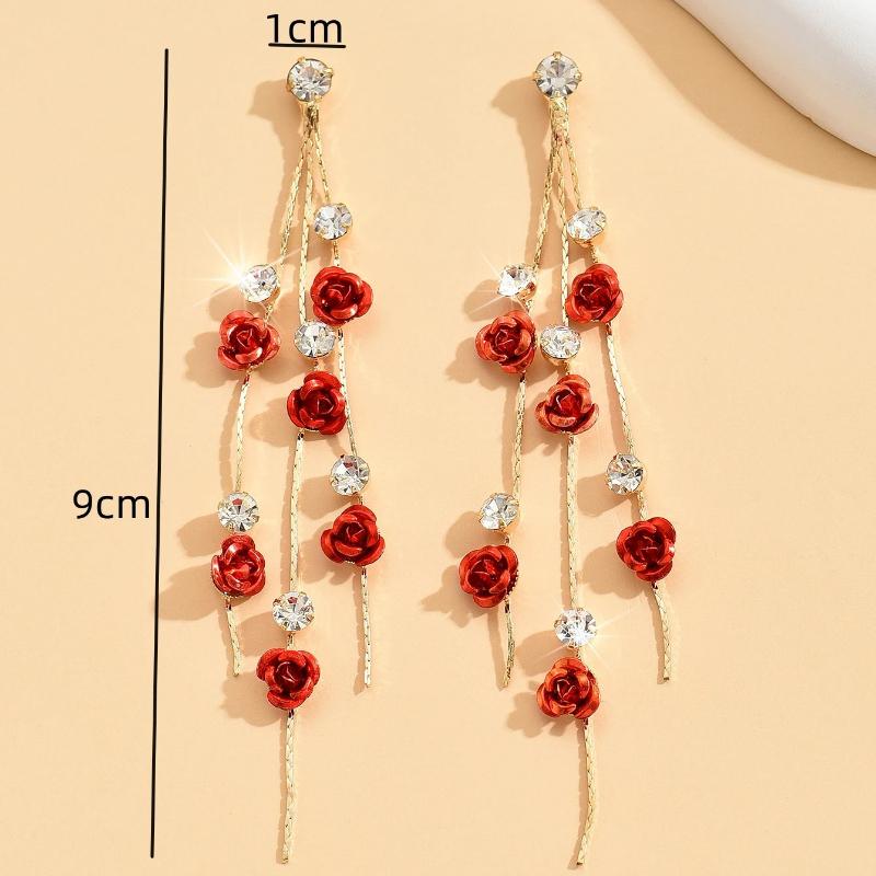 2pcs retro style long style diamond inlaid rose earrings for women's daily dating accessories