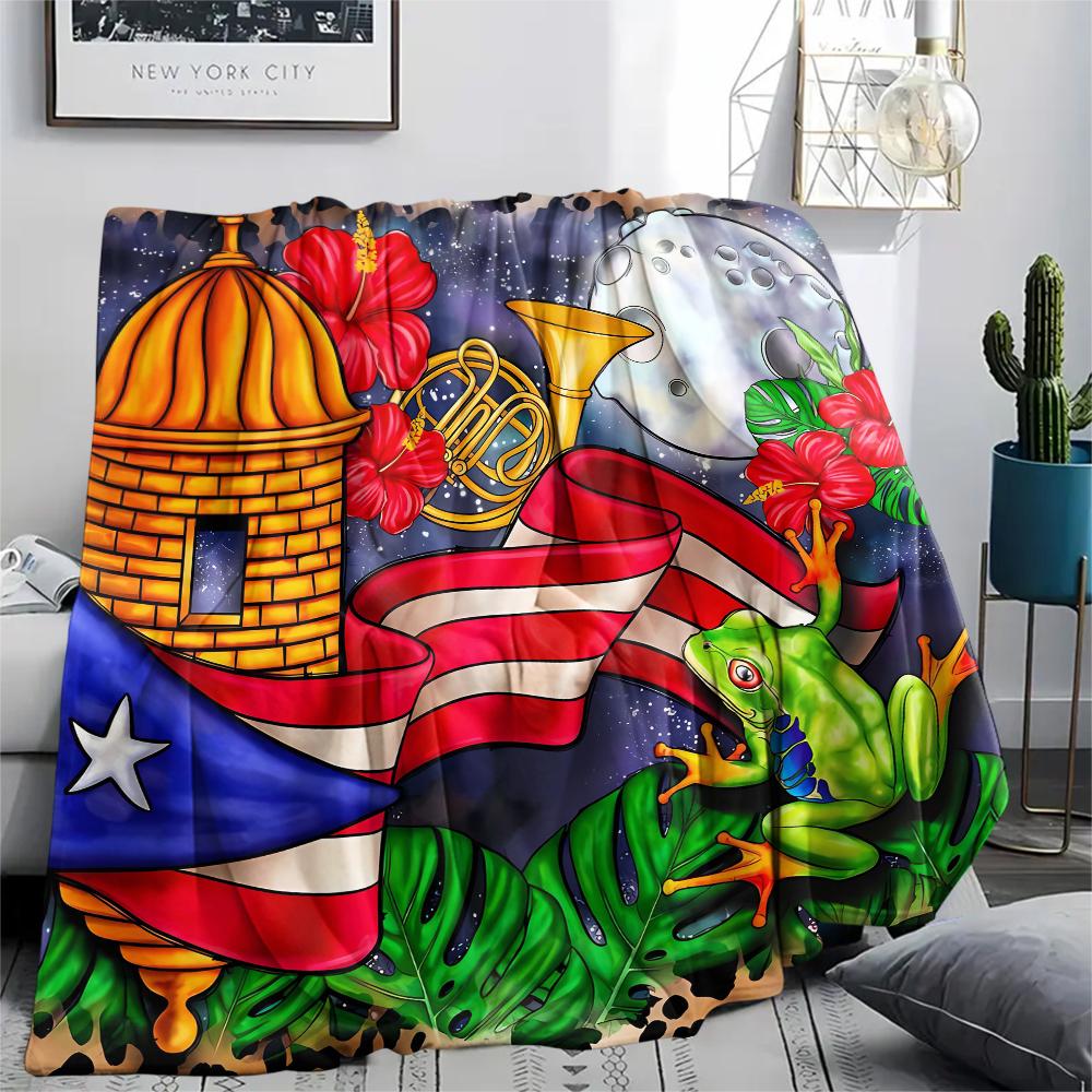 1Pc Puerto Rico Print Flannel Blanket, High quality Comfortable for All Seasons, Home Decor, Warmth and Comfort, Perfect for Christmas Gifts