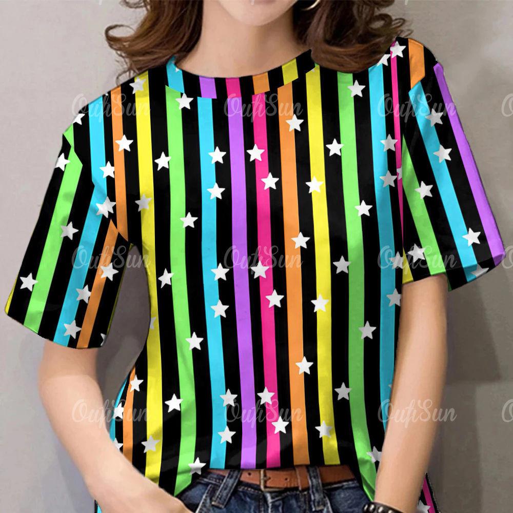 Graffiti Tie Dye Shirt Rainbow Women's T-shirt Colorful Star Print Short Sleeved Top Street Fashion Plus Size T-shirt