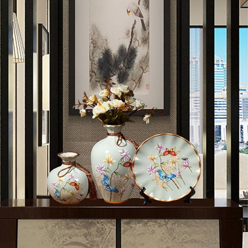 Set of 3 Ceramic Vases and Tray Gift Set Modern Design Decorative Flower Container for Office Desk Bookcase Display
