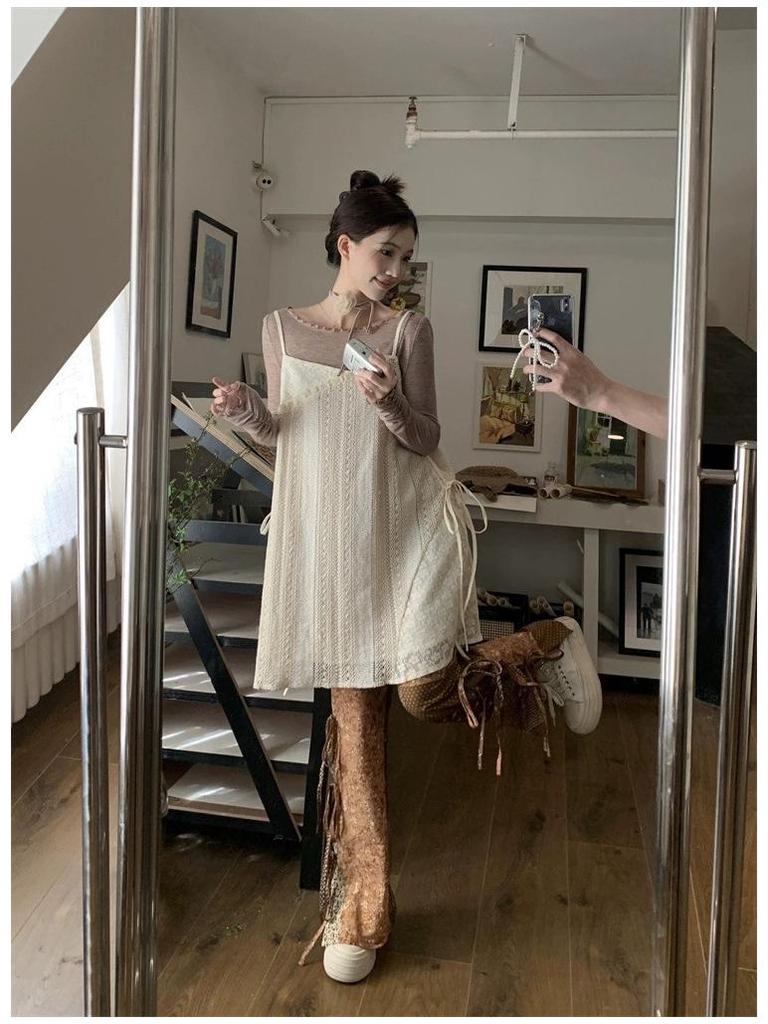Women's Niche Lace Camisole Dress, Spring 2026 - New Slimming A-line Mini Skirt with Drawstring for Layering and Style.