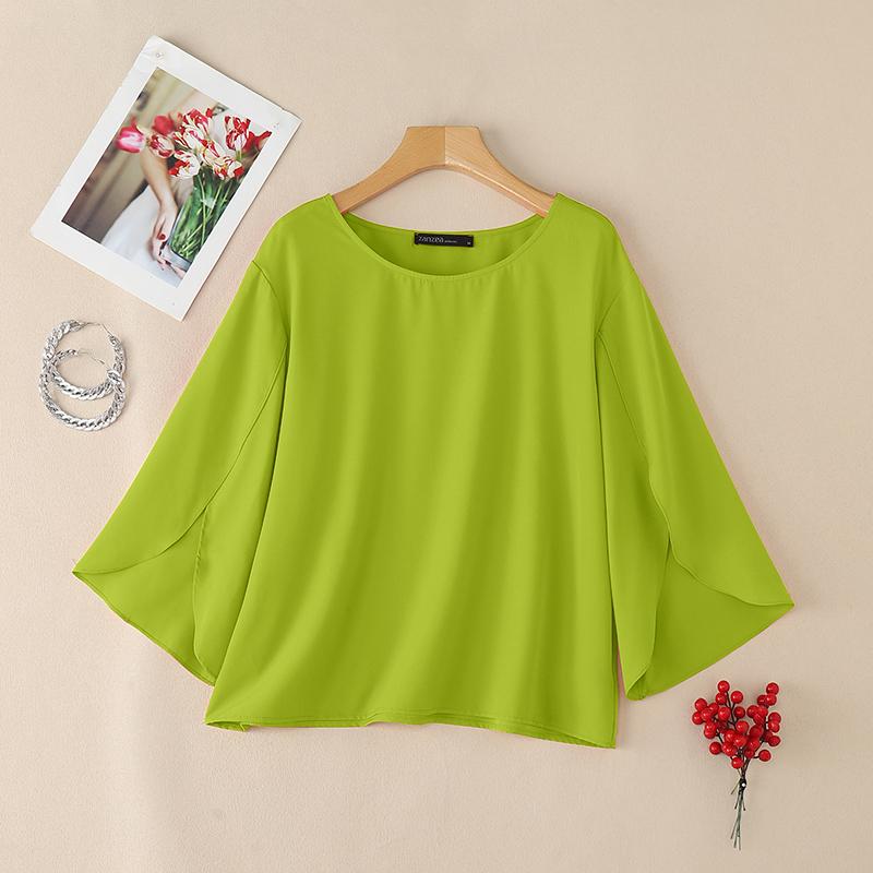 

ZANZEA Женская повседневная однотонная свободная блузка с круглым вырезом и рукавом 3/4 S зелёный