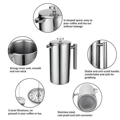 French Press 304 Stainless Steel Thermal Coffee Maker Tea Maker 800ML 3 Filters Anti Scald Handle Rust Proof Coffee