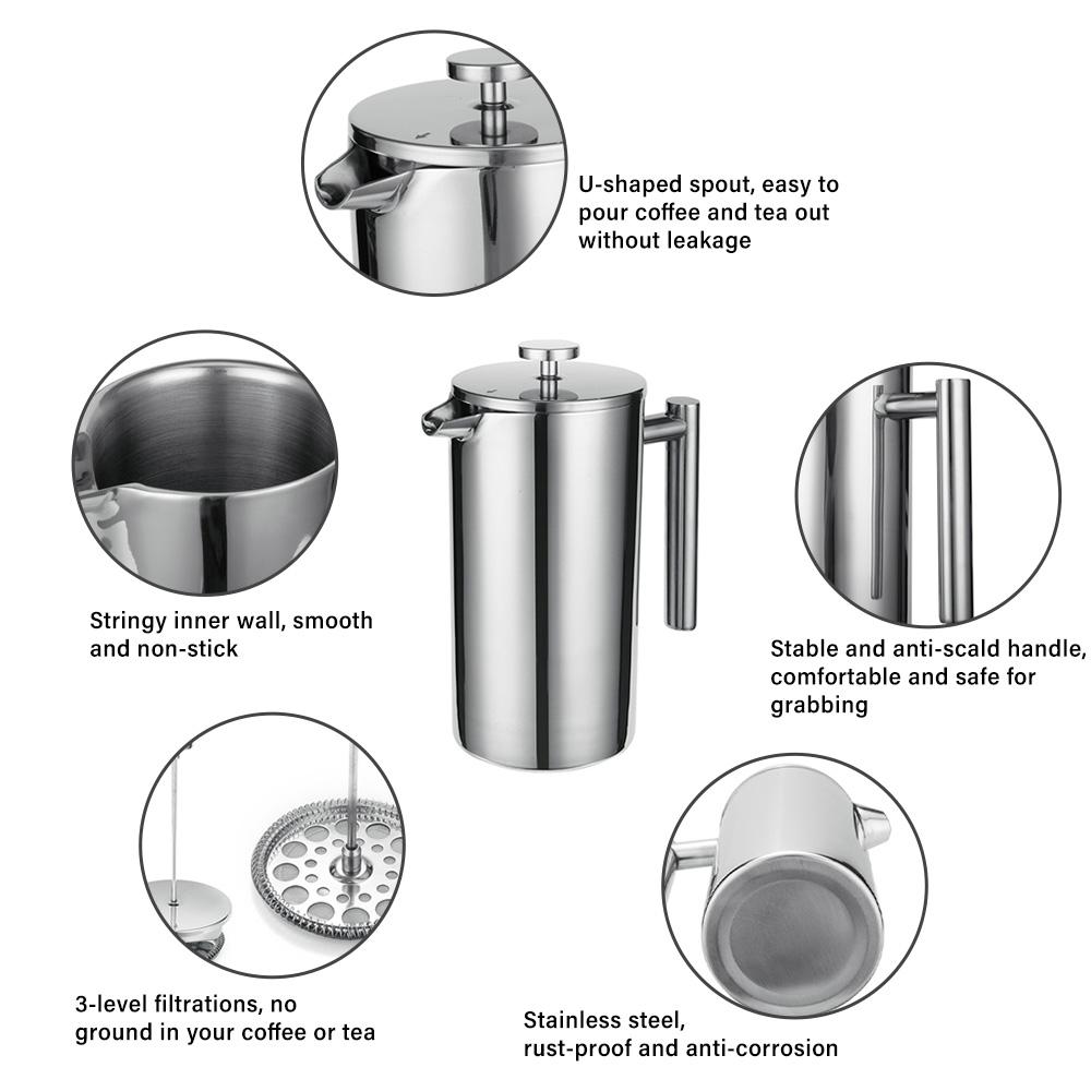 French Press 304 Stainless Steel Thermal Coffee Maker Tea Maker 800ML 3 Filters Anti scald Handle Rust proof Coffee argento