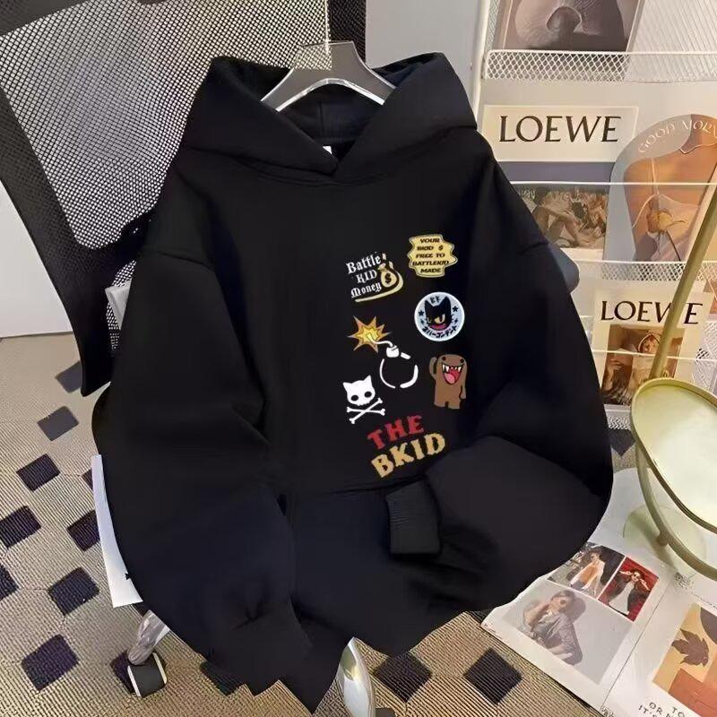 Unisex Retro Street Style Fleece-Lined Hoodie: Plus Size, Winter-Ready, Loose Fit M