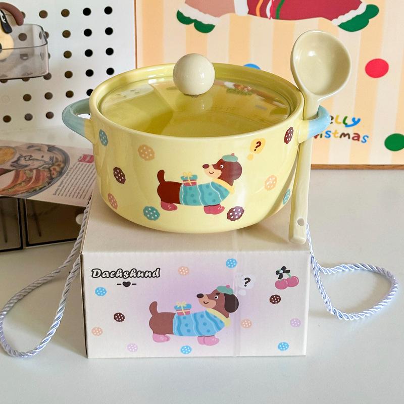 Ins süßer Wurstwelpe Keramik Instant-Nudel-Schüssel mit Deckel binaurale Schneckenpulver-Schüssel Geburtstagsgeschenk für Mädchen Souvenir