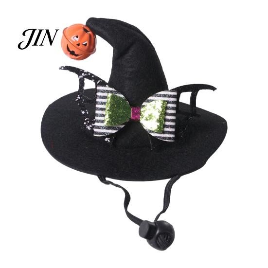 Elastic Strap Pet Hat Halloween Cat Wizard Hat, Bent Pointed with Pumpkin Bell, Small Dog Sequined Bow Festive for Cats Dogs