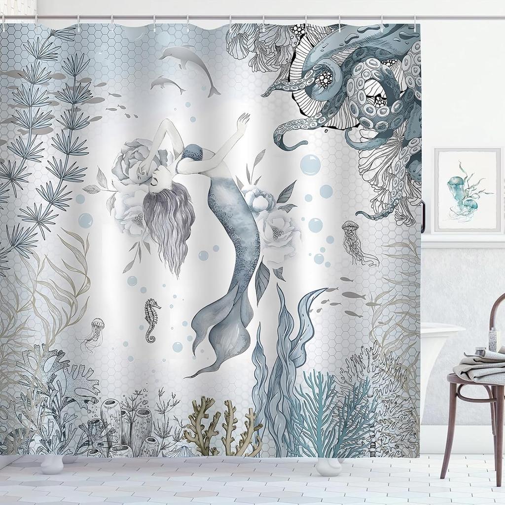 Coastal Turtle Shower Curtain Fish Coral Starfish Seashell Blue Ocean Beach Shower Curtains for Bathroom Waterproof Polyester Fa