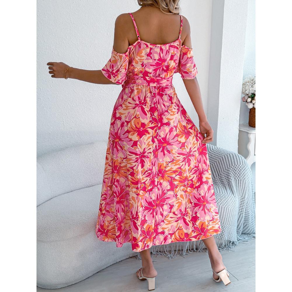 Spring Summer Strapless Cross V Neck Floral Halter Long Holiday Dresses Women