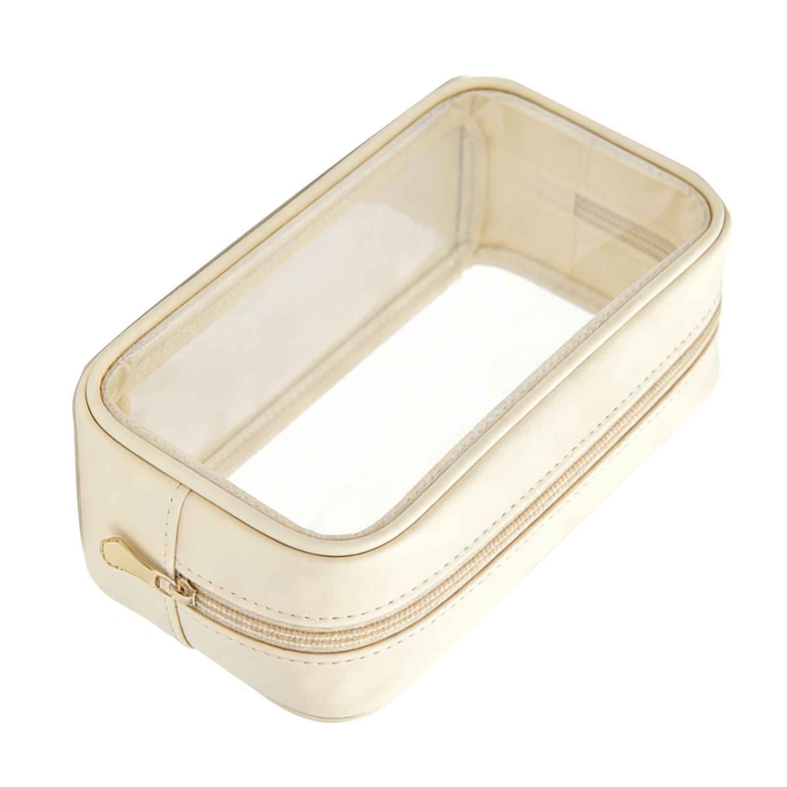 Transparent Makeup Bag PU Leather PVC Portable Clear Cosmetic Bag Travel Toiletry Case Beige Small