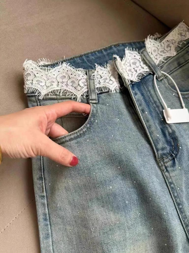 Women's High Waist Rhinestone Jeans - Wide Leg, Loose Fit, Floor Length, Summer Style