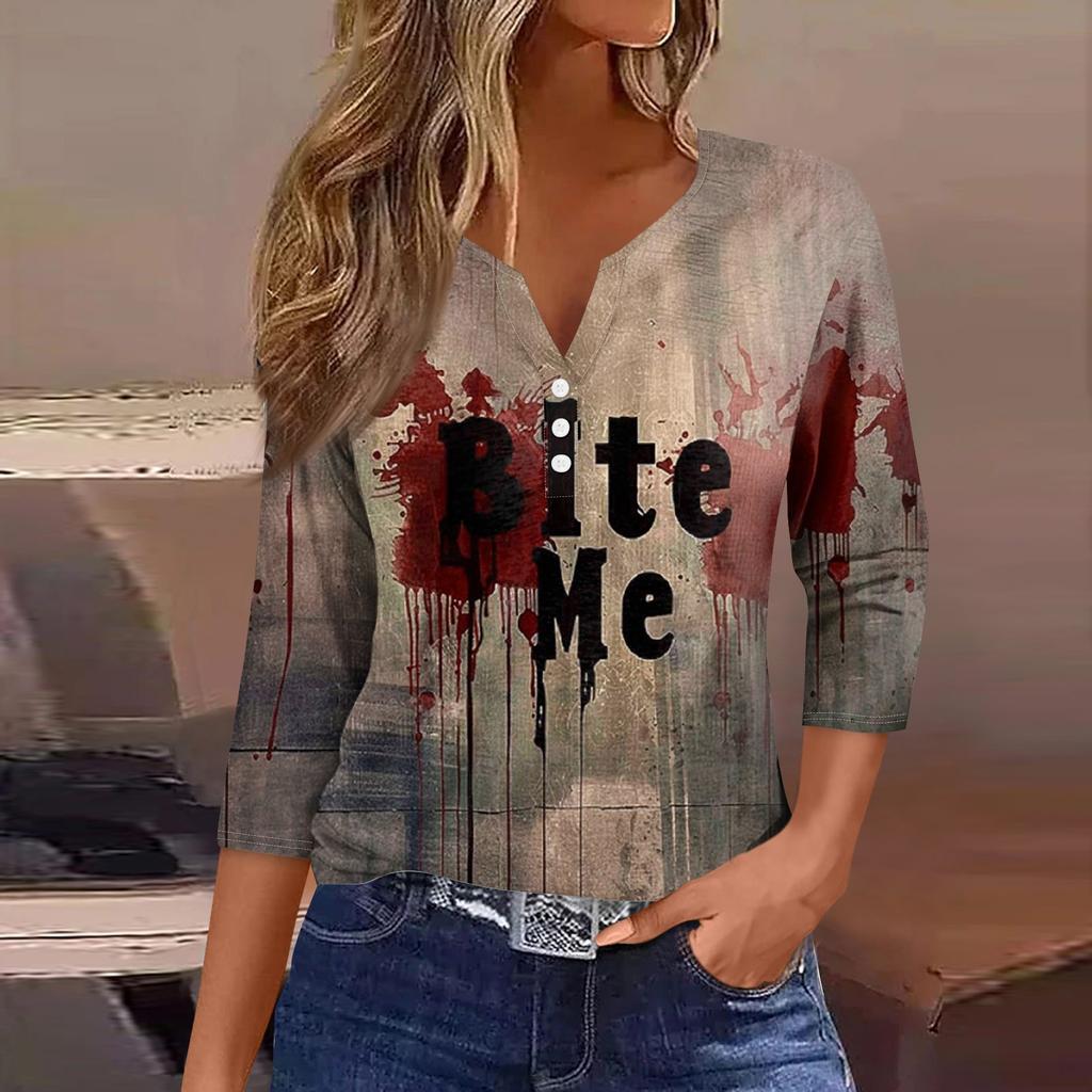 Damesmode Casual Halloween Print V-hals Korte Mouw Decoratieve Knop Driekwart Mouw T-shirt Top