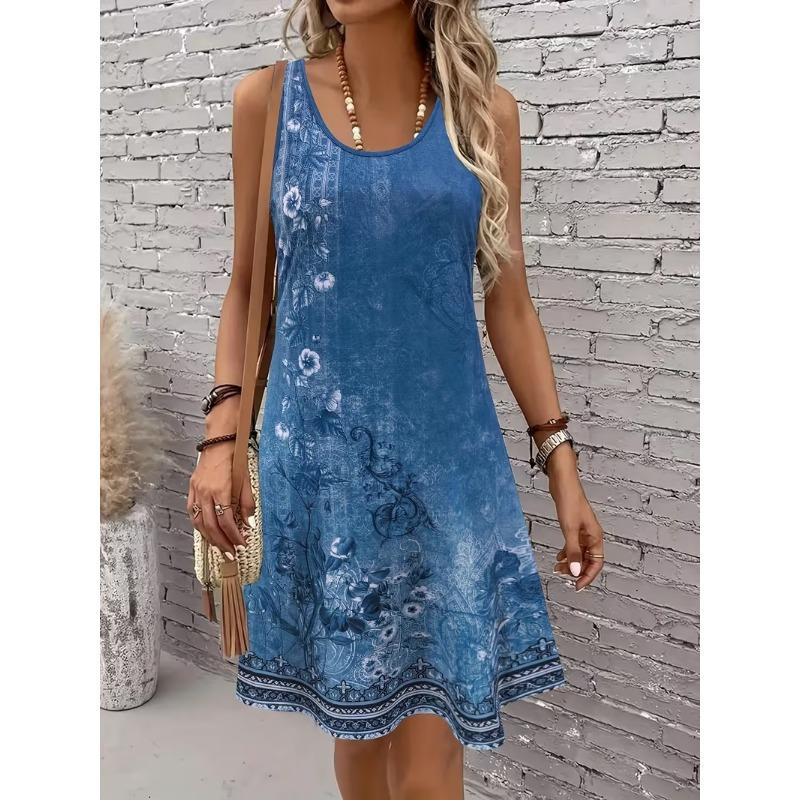 

Women s Printed Sleeveless Tank Dress - Loose Round Neck Casual Summer Dress Spring/Summer Fashionable Bohemian Style 8XL