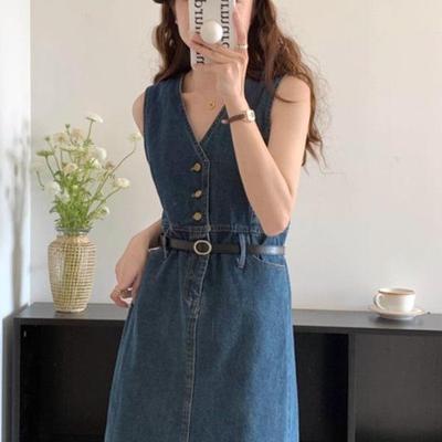 French V-Neck High-Waisted Denim Overall Dress - Elegant, Slimming Spring Style for Women