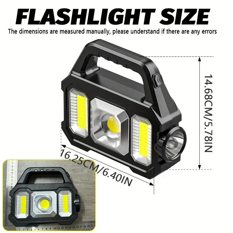 Solar Rechargeable Flashlight Portable Work Light 5 Modes Power Bank COB LED Side Light Emergency Lamp Outdoor Camping Repair