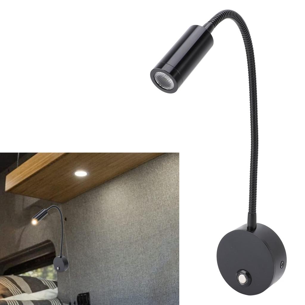 Dimmable RV Reading Light 3 Color Temperature Boat Bedside Flexible Gooseneck Wall Lamp with USB Charging Port 10‑30V Black