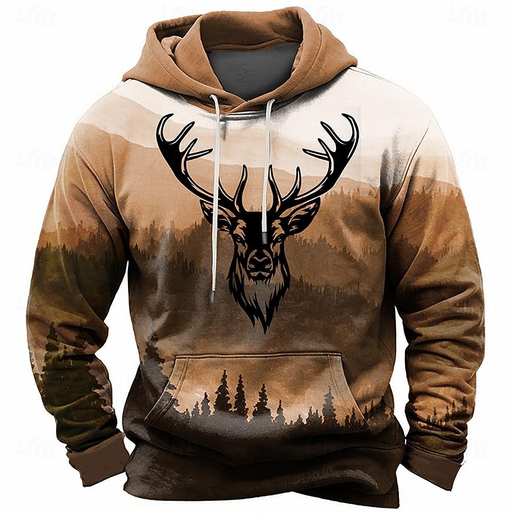 Men's Deer Hoodies Daily Casual Long Sleeve Hooded Vacation Hunting Streetwear Brown Dark Blue Print Front Pocket Spring &  Fall Designer