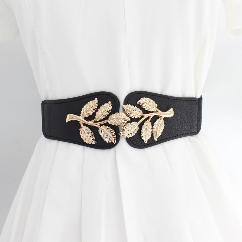 Women'S Elastic Slimming Belt  Retro Metal Leaf Leather Waist Sealing