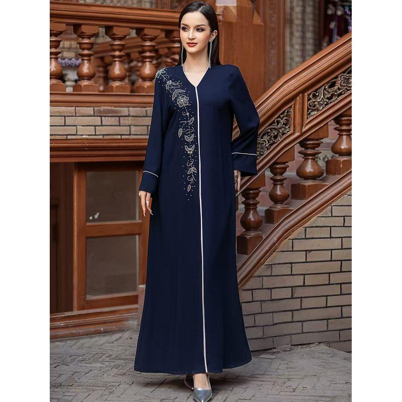 New Middle East V-neck Retro Handmade Seam Drill Dress V-Neck Hand Sewn Diamond Dress