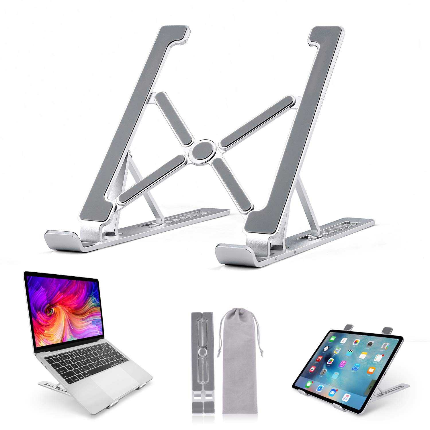 

OVOOR Foldable Aluminum Laptop Stand with 7 Adjustable Portable and Heat for Macbook and Silver Heights, Dissipating, Laptops, iPads, Macbooks, Pros,