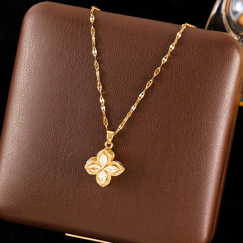 

GANEMLY 316L Stainless Steel White Zircon Flower Necklace For Women Fashion Rotatable Dangle Neck Chain Waterproof Jewelry Gift