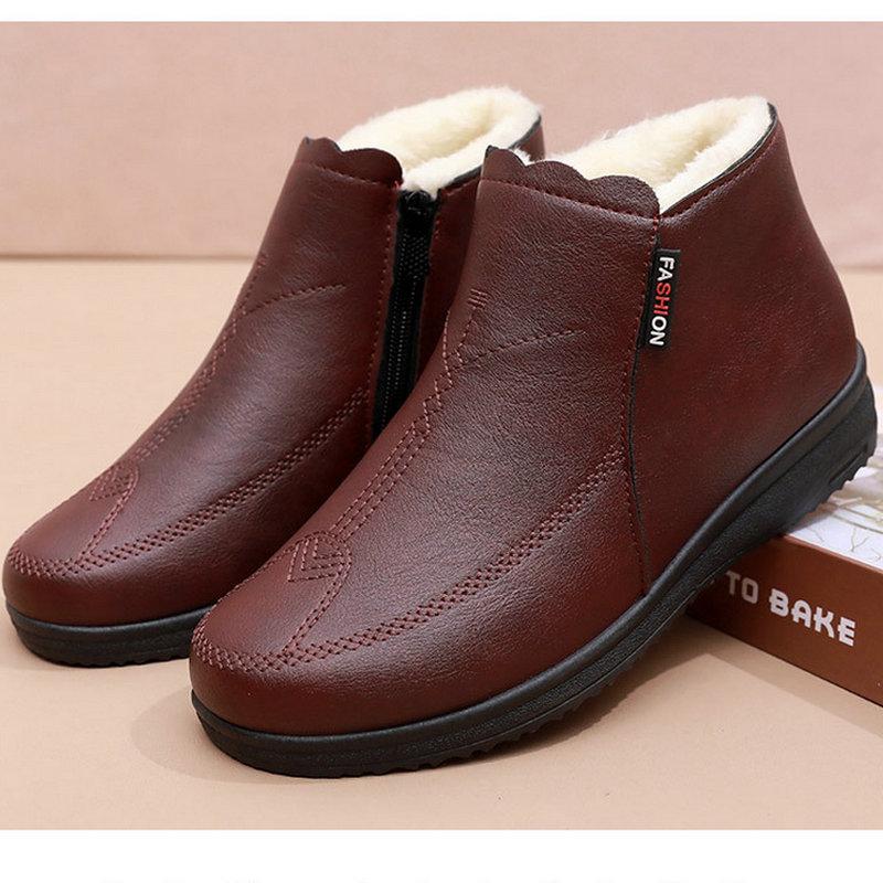 Winter Leather Warm Ankle Boots Woman Casual Non-slip Mom Shoes Middle-aged Bottom Shoes for Woman's Warm Cotton Shoes