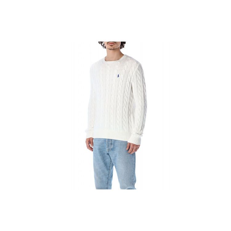 Polo Ralph Lauren SS22 Jednobarevný svetr s kulatým výstřihem a copánkovým vzorem Pánský svetr Bílý 710775885C-033