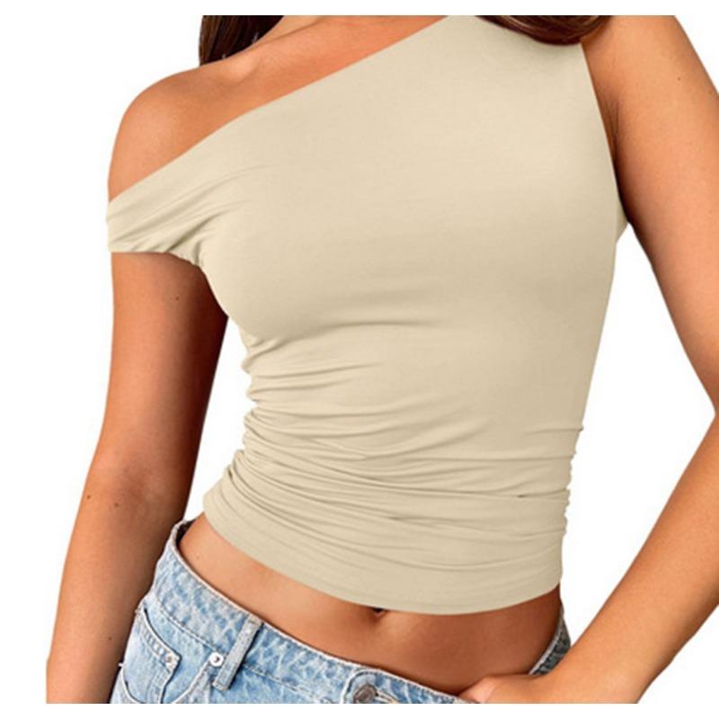 Women one shoulder asymmetrical short sleeve ruched crop top solid black slim casual tee
